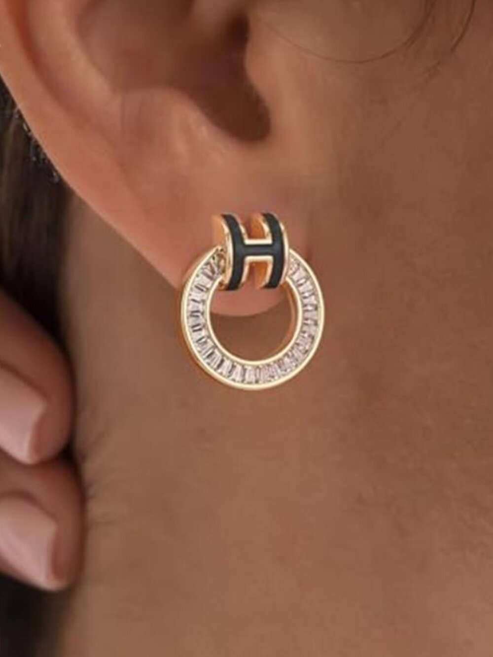 14K Gold Plated H Stud Earrings Orange Brown Enamel CZ Dainty Earrings